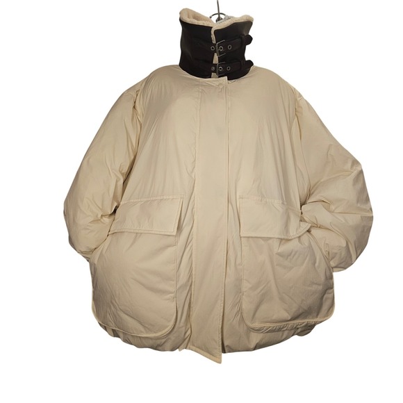 KBB by Kahlana Oversized Puffer Jacket Women Cream New Shearling Collar Aviator - Picture 3 of 5